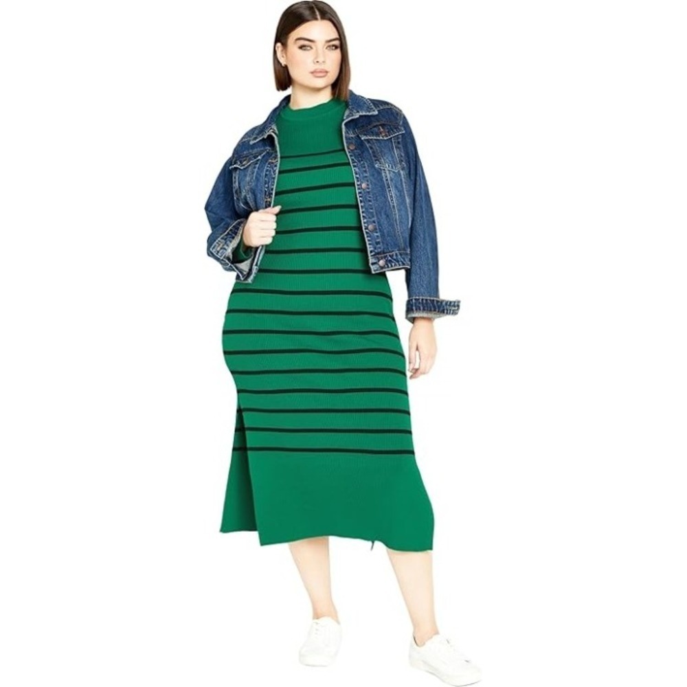 City Chic Maddie Green Black Striped Ribbed Knit Midi Sweater Dress Size L 20 - Picture 2 of 8